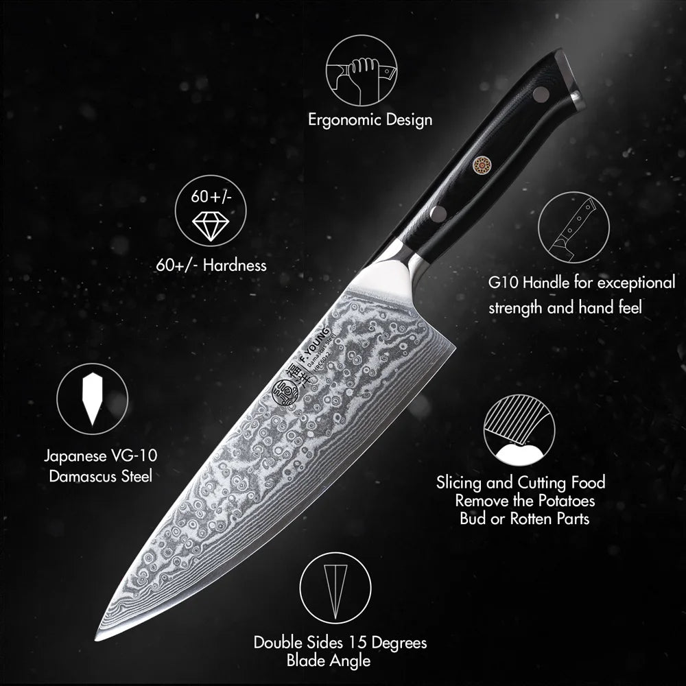 F.YOUNG 8 Inch Professional Chef's Knives Japanese 67 Layer Damascus Steel VG10 Core Super Sharp Meat Vegetable Kitchen Knife