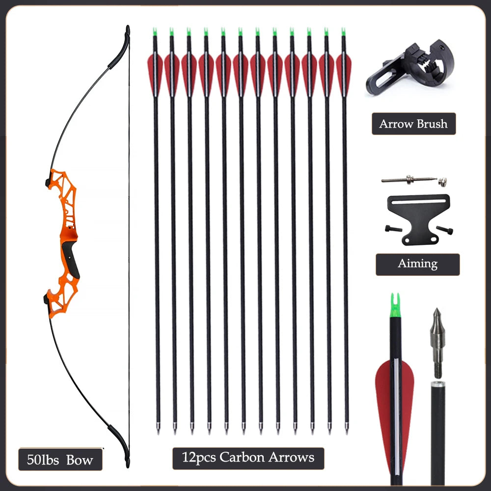 20/30/40/50lbs Recurve Bow Archery Sports Arrows Bow Take Down Straight Bow Mixed Carbon Arrows Quiver Target Shoot Practice Bow