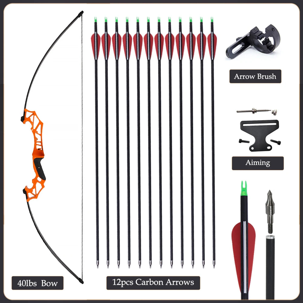 20/30/40/50lbs Recurve Bow Archery Sports Arrows Bow Take Down Straight Bow Mixed Carbon Arrows Quiver Target Shoot Practice Bow