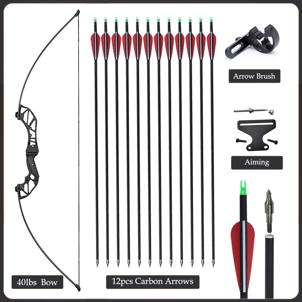 20/30/40/50lbs Recurve Bow Archery Sports Arrows Bow Take Down Straight Bow Mixed Carbon Arrows Quiver Target Shoot Practice Bow