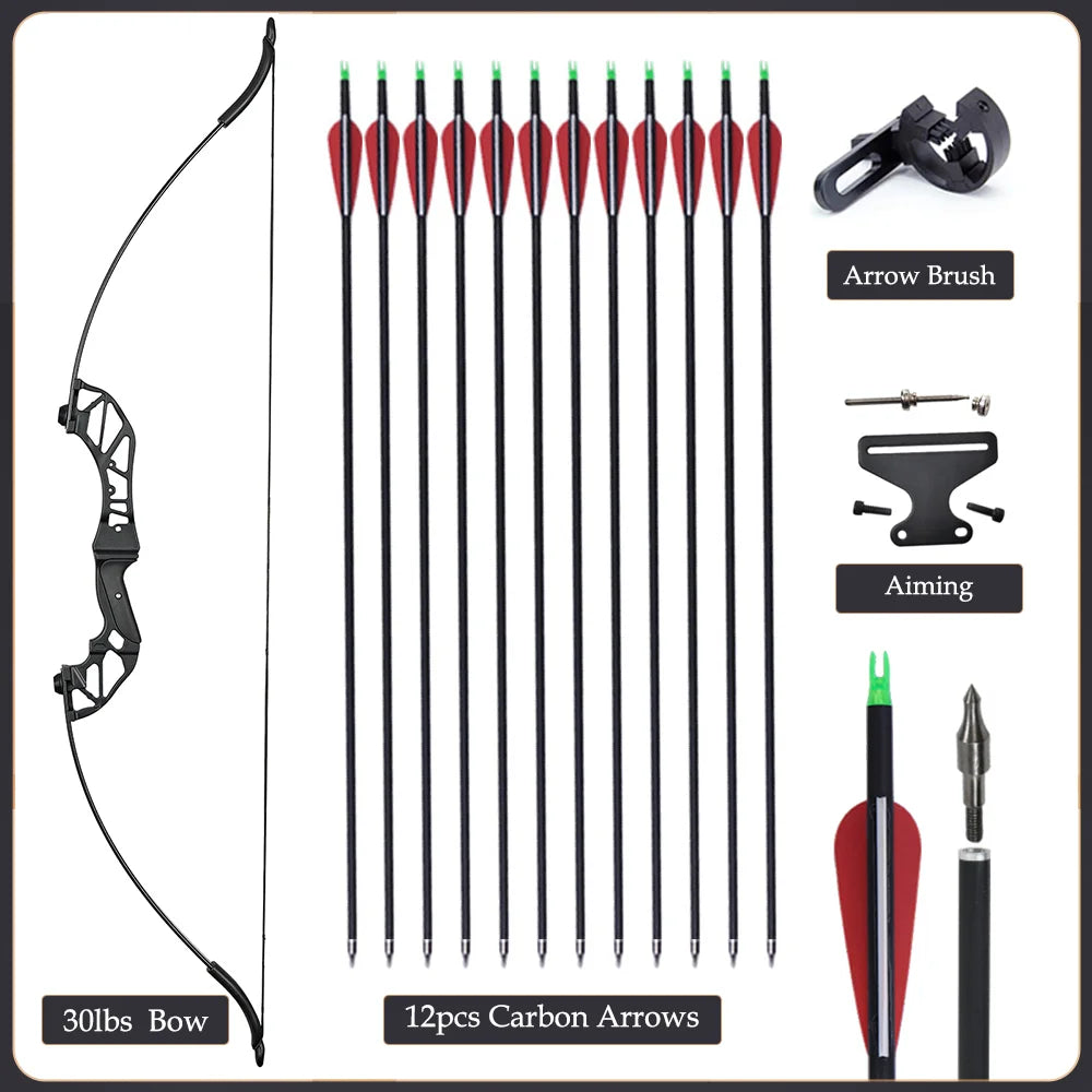 20/30/40/50lbs Recurve Bow Archery Sports Arrows Bow Take Down Straight Bow Mixed Carbon Arrows Quiver Target Shoot Practice Bow