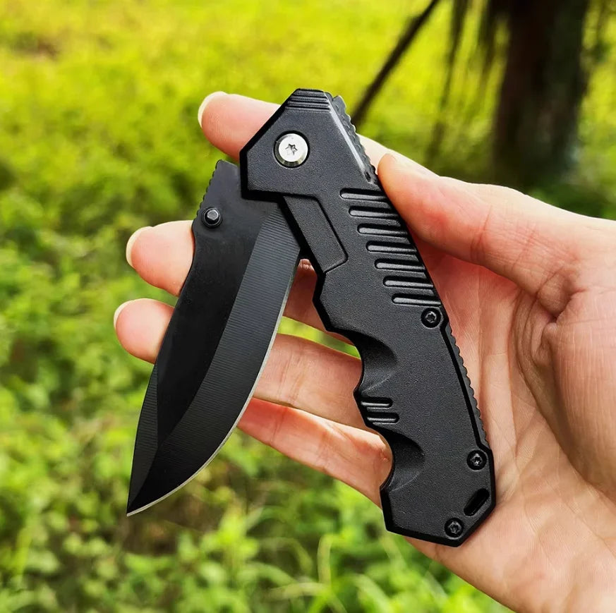 Outdoor black stainless steel folding knife, new mountaineering self-defense pocket knife, high hardness and durability